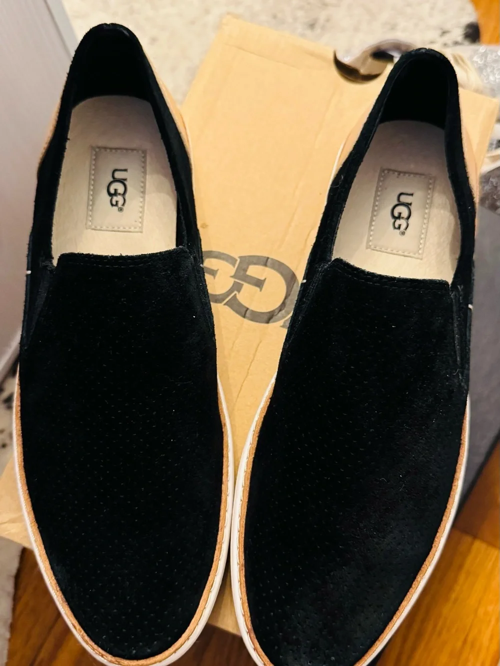 UGG women, very slick, Black Suede Slip-On Loafers with Tan Outsole